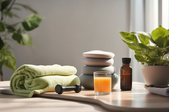 Fresh orange juice and towels on wooden table