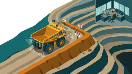 Isometric Illustration of Heavy Mining Dump Truck Operation. © UntukRiyadi