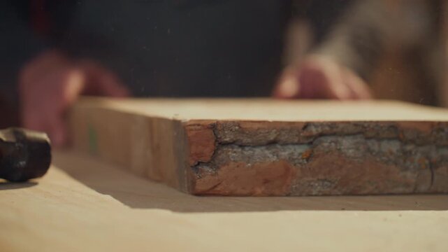 Shows hands working on piece of raw lumber positioning it for further processing. worn sledgehammer rests nearby as subject prepares to work with rough sawn timber