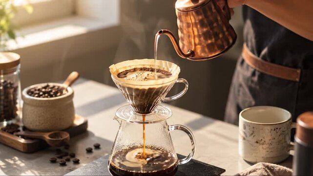 Barista Pouring Hot Water Over Ground Coffee in Glass Dripper, Specialty Coffee Brewing