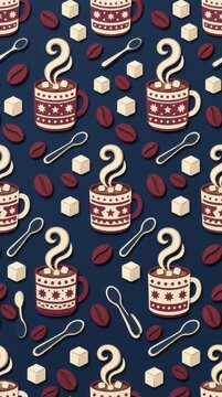 Cozy holiday pattern featuring mugs, coffee beans, and sugar cubes