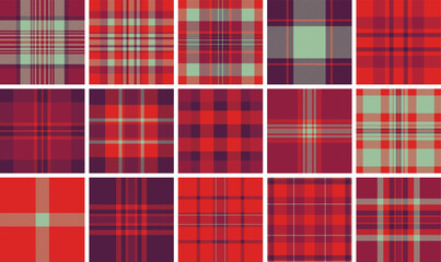Fototapeta premium Seamless plaid pattern in elegant burgundy, mint green, and red. This traditional tartan design provides a cozy, sophisticated backdrop for textiles, seasonal marketing, and digital art.