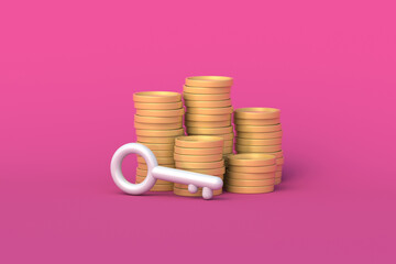 Key to financial success. Securing personal savings. Secrets of profitable investing. Capital protection. Private lucrative business revenue solutions. Key beside coin stacks. 3d render © OlekStock