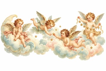 Fototapeta premium Vintage cherubs flying among pastel clouds and golden stars