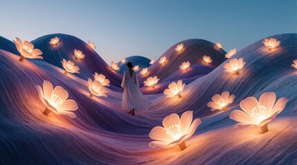 Naklejka premium Woman in white dress walks through fantasy landscape with glowing flower lights. Surreal colorful hills under evening sky create dreamlike atmosphere. Person explores magical garden with luminous