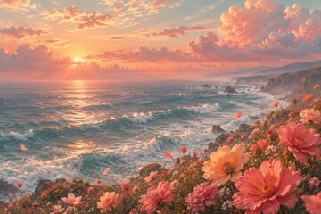 Naklejka premium Sunset ocean waves beside a coastal cliff covered in flowers