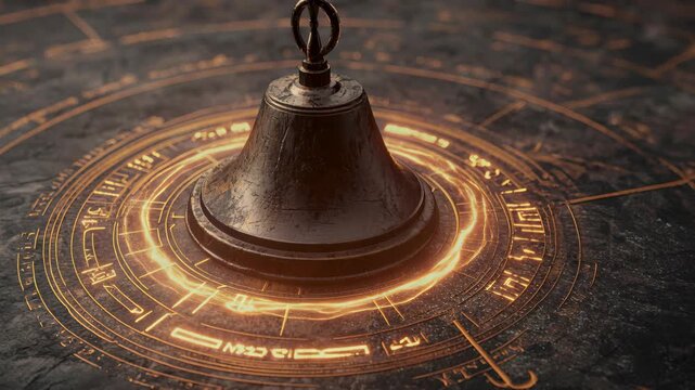 Mysterious Pendulum on Ancient Circle: A close-up of an old, metallic pendulum suspended over a glowing, ornate circle etched with esoteric symbols and celestial markings.