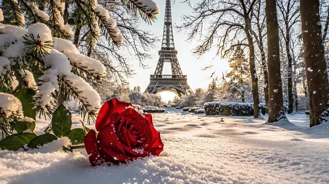 Close-up red rose resting on pristine winter snow with the Eiffel Tower in the background