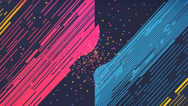 Vibrant Abstract Collision: A dynamic clash of digital energy, where bold pink and electric blue lines intersect with scattered, colorful dots, creating a sense of movement and excitement.