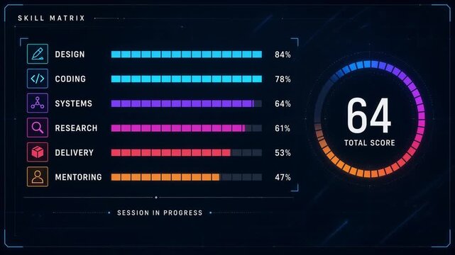 Futuristic hud user interface dashboard template for skill evaluation stats data analytics performance scoring dark digital control panel