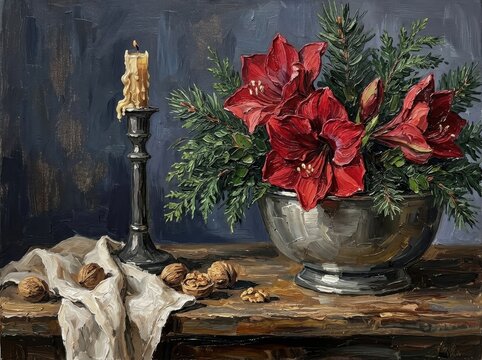 Festive arrangement of red amaryllis flowers and greenery with a candle