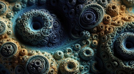 Fototapeta premium Abstract digital art background with weird bizarre texture. Intricate fractal patterns create organic 3d shapes in blue, gold colors. Bizarre motifs, complex swirls form unique psychedelic surface