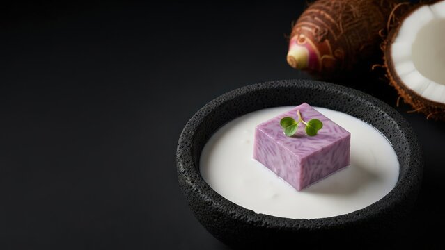 Luxurious fine dining presentation of traditional Pacific taro in coconut milk featuring a perfect cube of simmered purple taro in a volcanic stone bowl with coconut cream, a raw taro bulb, fresh coco