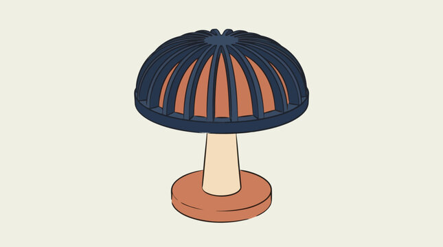 Stylized retro mushroom lamp icon illustration with minimalist blue ribbed cap and vintage orange base isolated on cream background