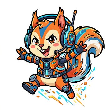 Cute squirrel in a spacesuit jumping with joy.