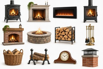 Fototapeta premium Fireplace collection with firewood, tools, basket, clock, chimney