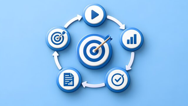 Circular workflow loop with 3d blue process icons surrounding a central target bullseye illustrating agile project lifecycle and goal execution