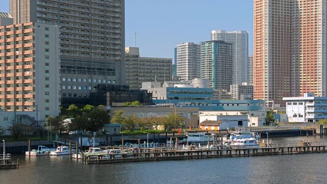 停泊するボートとビル群が見える港湾都市の風景。