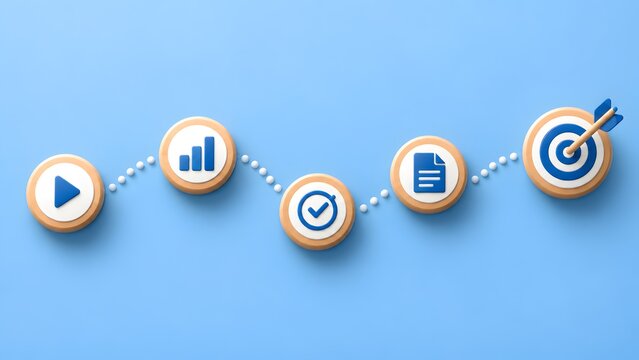 Wooden circle workflow process icons connected by a dotted path to a target bullseye for business project management roadmap and strategy planning goal