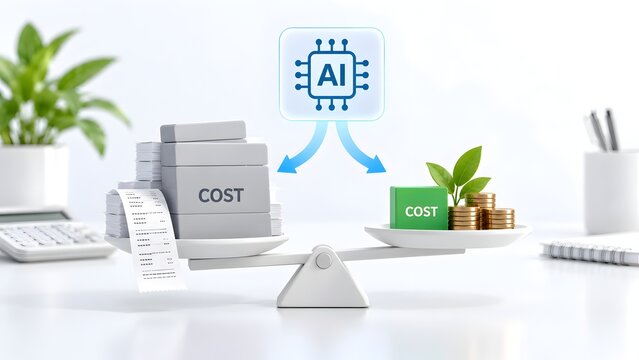 Artificial intelligence chip on a balance scale weighing paper expenses against green savings and gold coins for financial cost reduction and budget efficiency optimization