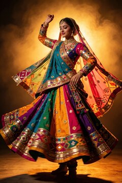 Young Indian woman performs traditional folk dance in colorful lehenga. Female dancer twirls in vibrant ethnic attire against golden bokeh background. Graceful performer celebrates cultural festival