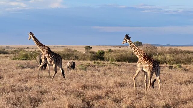 giraffe and elephants in the savannah