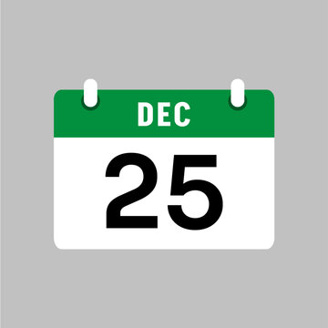 December 25 calendar icon with bold black date number, green header, white page and binding rings, minimalist daily planner and scheduling vector illustration on gray background