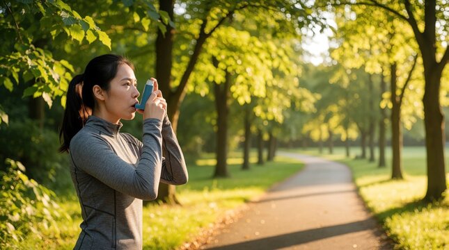 Young Asian woman uses asthma inhaler for breathing relief in green park. Female athlete suffers respiratory attack during outdoor workout on tree lined path. Healthy lifestyle person manages chronic