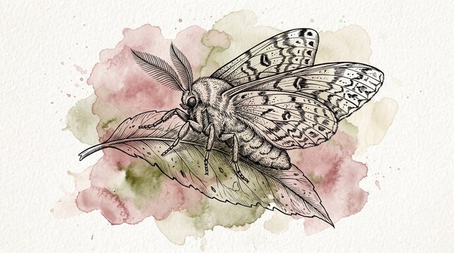 Vintage moth sketch ink illustration on leaf with watercolor splash background