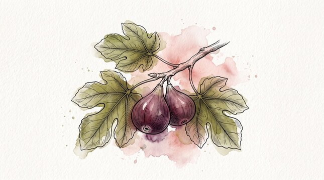Watercolor botanical illustration of fresh figs branch with leaves on paper background