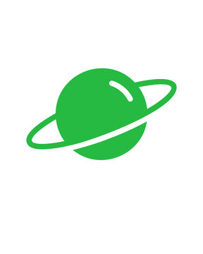 A clean, minimalist flat icon of a green planet with rings, resembling Saturn, set against a plain white background. The planet is a solid bright green circle with a simple white curved highlight on i