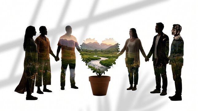 Diverse people holding hands around a heart shaped tree symbolizing unity and nature
