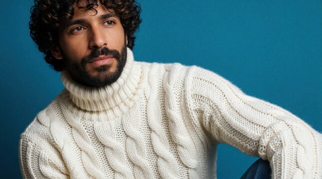 Confident young Latino man with curly hair, beard wears white cable knit turtleneck sweater. Male model looks away in studio against blue background. Portrait of handsome hispanic guy with stylish