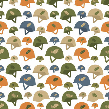 Seamless military helmets pattern with colorful tactical army headwear background.