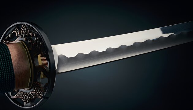 Close-up of a Japanese Katana Sword Blade with Wavy Hamon Pattern and Intricate Metal Tsuba Handguard