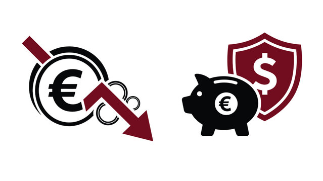 Financial icons featuring euro currency symbols declining downward alongside a protected piggy bank graphic symbolizing monetary security and economic investment strategies during market fluctuations
