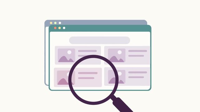 Online Search Interface With Browser Page, Magnifying Glass, And Cursor Highlighting A Search Result. Minimal Flat Animation Representing Web Browsing And Information Discovery.