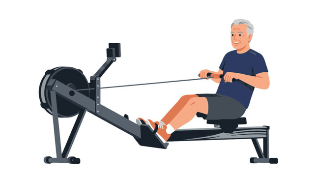 Senior man working out on rowing machine doing cardio fitness exercise.