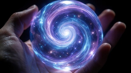 Fototapeta premium Human hand holds glowing blue, purple swirling orb of light. Magic galaxy sphere with stars, cosmic energy floats in palm. Abstract digital concept of futuristic technology, space exploration,