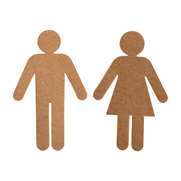 Male and female paper cutout figures representing gender symbols made from brown recycled craft cardboard material on transparent background