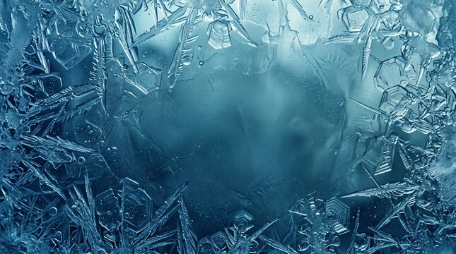 Macro Frost Ice Crystals Pattern on Frozen Glass Window Background