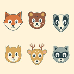 Fototapeta premium Six cute woodland animal faces original vector character set