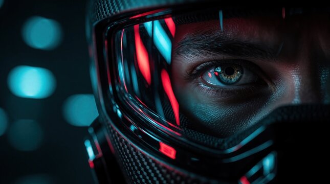 Extreme closeup of human eye through racing helmet visor. Intense male gaze reflects red, blue neon light in dark garage. Professional driver wears protective gear with carbon fiber texture, focusing