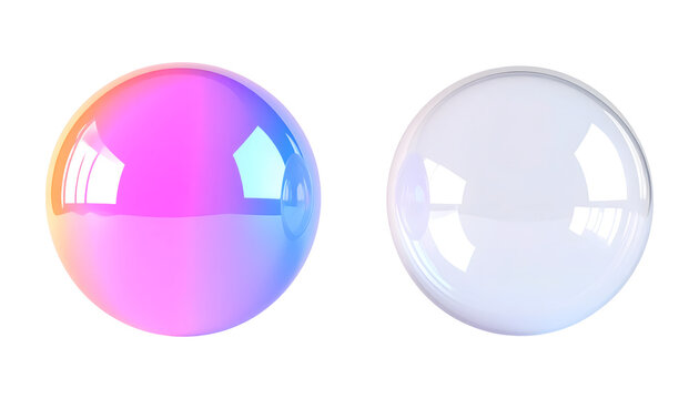 Glossy spheres featuring one iridescent holographic orb and one clear glass globe isolated as abstract 3D design elements for digital projects&nbsp;