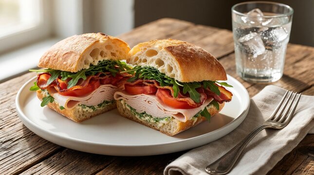 Delicious club sandwich cut in half on white plate. Tasty deli meal with bacon, tomato, arugula, turkey meat on ciabatta bread. Glass of cold water with ice, fork with napkin on rustic wooden table.