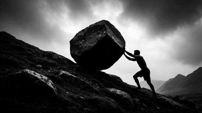Man pushes huge heavy boulder up steep mountain hill. Strong person struggles with massive rock on rocky slope under cloudy sky. Concept of hard work, perseverance, grit, physical strength in outdoor