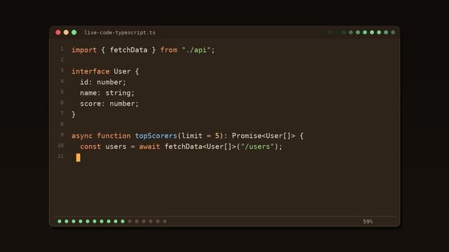 TypeScript code typing itself in a dark editor window, amber programming animation