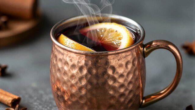 Warm orange slice steams in a hammered copper mug, cozy and inviting.
