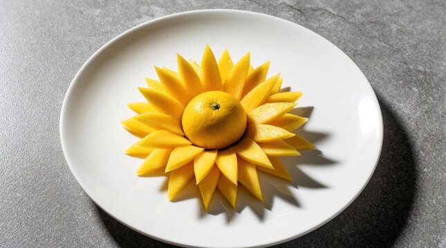 Yellow mango slices arranged like flower petals around whole citrus fruit on white ceramic plate. Creative fruit carving art on stone table. Minimalist food decoration for breakfast, brunch healthy