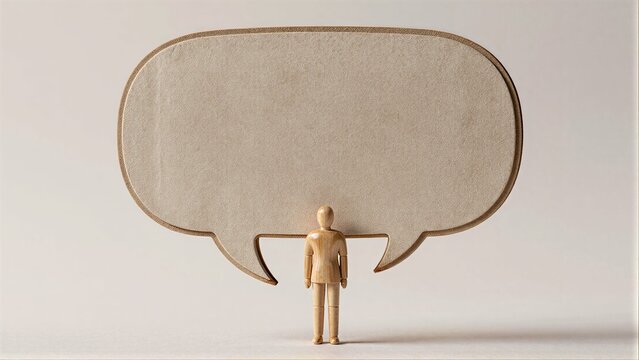 Wooden figure stands before large empty speech bubble, symbolizing unspoken thoughts or silence.